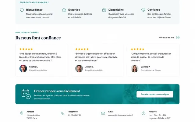 Bandeau de prise de rendez-vous de la clinique vétérinaire.